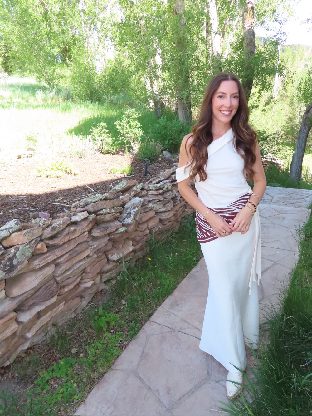 BRONZE SNAKE Kallie off the shoulder asymmetric top and maxi skirt set in ivory